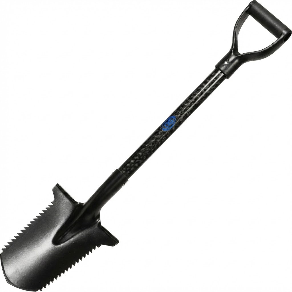 Fieldmaster Lite Carbon Fibre metal detecting spade featuring a serrated steel blade and lightweight carbon shaft with D-handle grip.