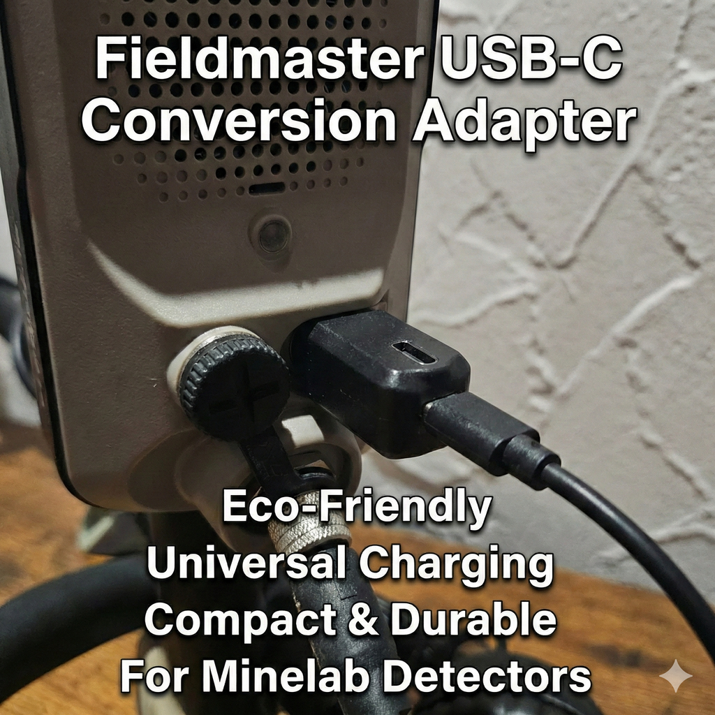 Fieldmaster USB-C Charging Adapter for Minelab Equinox, Manticore and X-Terra Pro & elite. Magnetic adapter that converts proprietary charging port to standard USB-C.
