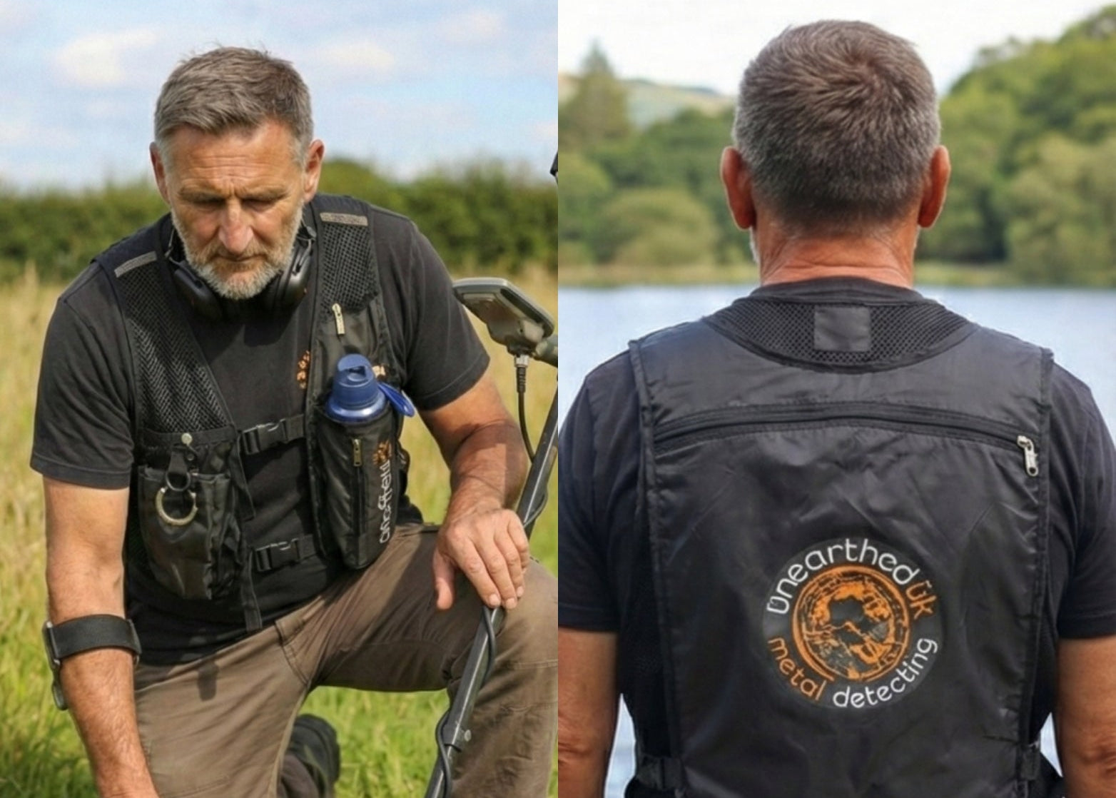 Fieldmaster Multifunctional Metal Detecting Vest with added accessories. Weight-distributing  system with integrated finds pouch and pinpointer holder and added lanyard to relieve back strain.