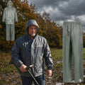 Fieldmaster 2-Piece Waterproof Rain Suit (Jacket and Trousers). Lightweight grey waterproof set designed to keep detectorists dry in wet weather and muddy conditions.